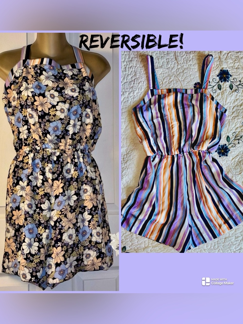 Maurices Floral / Striped-Trim REVERSIBLE Romper in Navy, Baby Blue, Peach. (XL)